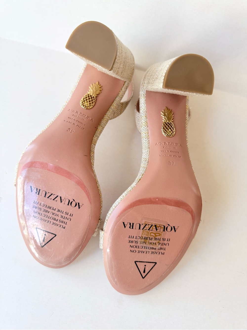 NWOB Aquazzura So Nude 85MM Metallic Sandals Woven Textile Gold Leather 39 $695 - Picture 11 of 12